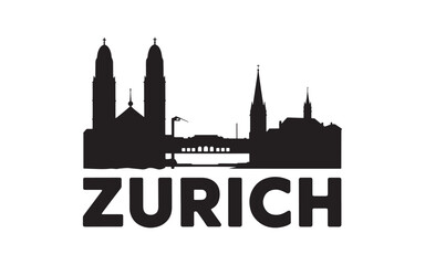 Obraz premium Monochromatic Zurich Skyline Silhouette Featuring Prominent Churches and the City's Name in Bold Text Enhancing Recognition and Urban Identity