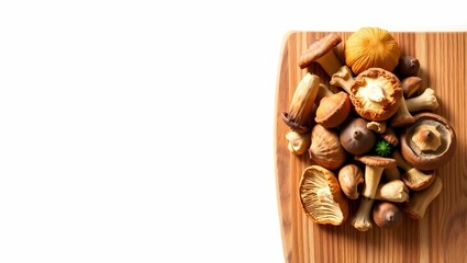 wild mushrooms, gourmet food, top-down view, copy space, organic ingredients, rustic kitchen, foraged mushrooms, culinary photography, mushroom assortment, natural light, forest fungi, mushroom textur