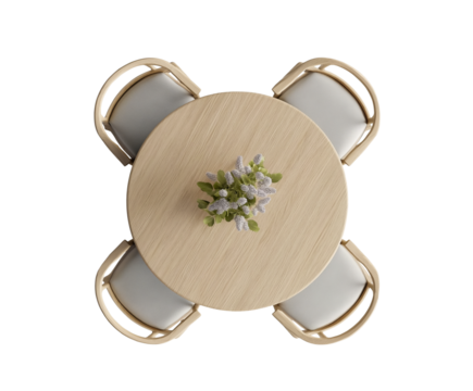 Overhead View of a Round Dining Table with Eight Chairs and Plant Centerpiece, on transparent Background, cutout