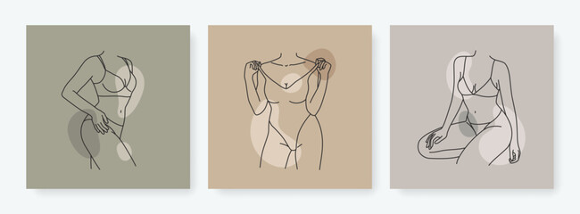 Beautiful linear set of female silhouettes in lingerie. Simple women figure in underwear. Abstract sensual concept in sketch style. Outline design for print, poster, card, cover, social media template © Anastasiya Stoma