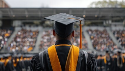 close-up of the back view, man wearing a black and gold graduation cap and gown stands in front of an open-air auditorium filled with other students at their ceremony, blurred background Generative AI