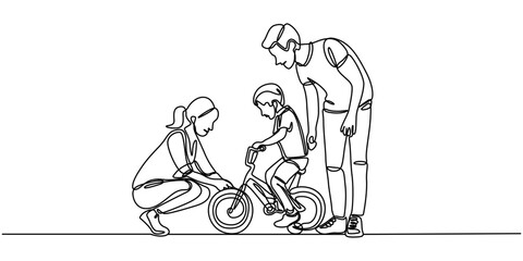 Continuous one line drawing of parents teaching child to ride a bike together, line art style vector illustration, One single line drawing of young mother teaching her son riding bicycle at public
