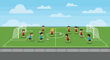 A vibrant cartoon illustration depicts a lively children's soccer match on a green field with white goalposts and a clear blue sky dotted with fluffy clouds.