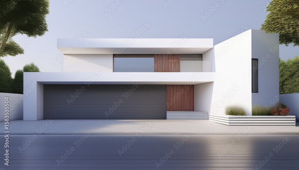 Fototapete minimal architecture is depicted in a 3d rendering of a contemporary white house with a garage entra