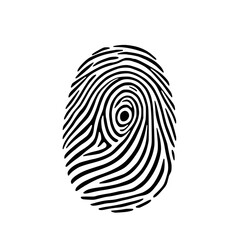 Fingerprint Illustration: A bold, monochrome line art depicting a detailed fingerprint pattern, suggesting identity and uniqueness.