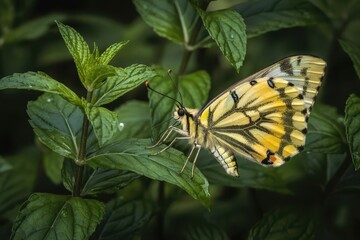 Yellow butterfly resting on a green leaf in a garden