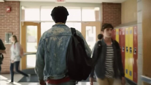 Back view of student entering hall
