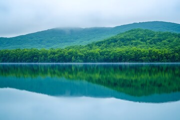 Naklejka premium Serene Lake Landscape with Lush Green Hills and Misty Atmosphere at Dawn