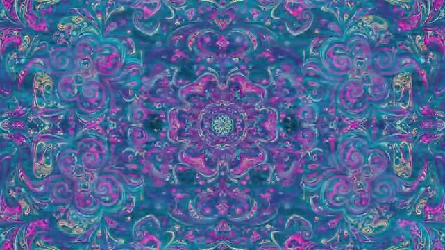 Vibrant Purple and Teal Kaleidoscopic Mandala Pattern. Abstract Symmetrical Fluid Art Background with Intricate Floral and Paisley Motifs in Pink a...