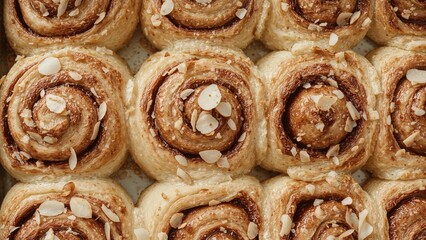 Close-up of almond-topped cinnamon pastries on a wooden surface, aerial shot