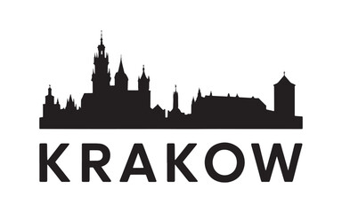 Fototapeta premium Krakow Skyline Silhouette A Cityscape Emblem Featuring Historic Architecture and Towering Landmarks Against a Clean White Background