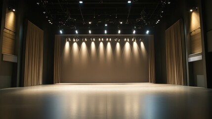 Empty contemporary dance stage with naturalistic lighting, creating a minimalist and dramatic backdrop for fluid and expressive dance performances