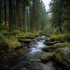 A serene forest stream flows over mossy rocks surrounded by tall pine trees and lush green vegetation under a cloudy sky.