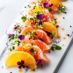 Bright seafood carpaccio with citrus segments and colorful microgreens presented on a white marble plate, showcasing fresh, vibrant ingredients in a clean and elegant gourmet style