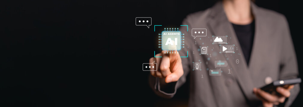 Businesswoman using futuristic interface to activate AI agents with digital icons for artificial intelligence automation and smart assistant technology