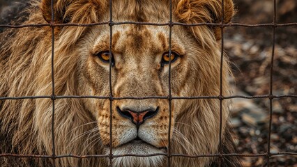 Naklejka premium Lion's face captured through a mesh barrier