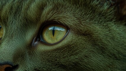 Close up of a cat's eye displaying emerald green iris with detailed fur texture surrounding the eye and reflective light highlighting the pupil