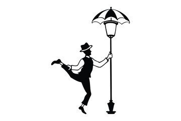 A silhouette of a man joyfully posed, balancing on one leg while gripping a lamppost with one hand and holding an open umbrella in the other. The figure appears dynamic and playful