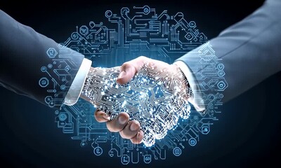 Handshaking with Digital Circuitry Concept for Technology Agreement - Powered by Adobe