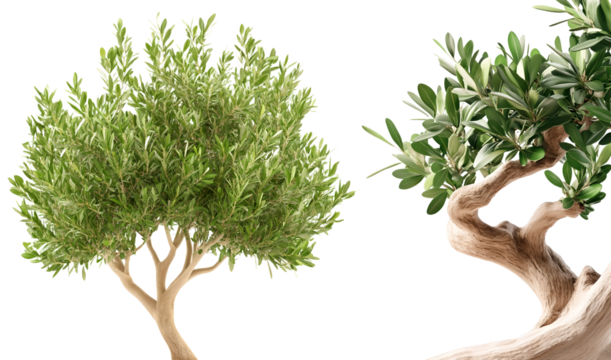 Two visually striking olive trees with twisted gnarled trunks and lush silvery green foliage set against a clean minimalist white background