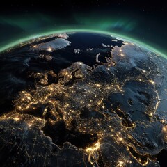 Nighttime satellite image of Earth with visible aurora borealis and radiant urban networks, ideal for themes of geography, civilization, and natural cosmic phenomena