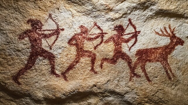 Primitive hunters pursuing deer with bows ancient brown