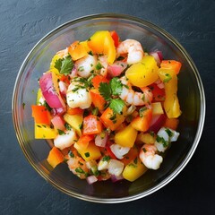 Mediterranean seafood ceviche with vibrant bell peppers marinated in fresh citrus juice presented in transparent glass bowl photographed from overhead angle showing bright summer appetizer