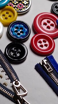 Colorful buttons, zippers sliding dynamically across white surface, forming lively stop motion design pattern