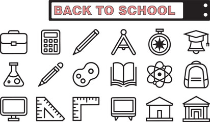 Back to School Vector Icon Set Line Style Educational Supplies and Elements. Back to School Icons, Line Style Education Set, Learning Essentials Pack, School Supply Vector, Academic Outline Icons