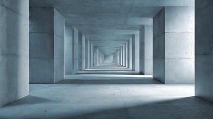 Fototapeta premium Vast concrete corridor with repeating pillars and soft light interior architecture