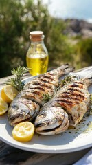 Greek-style grilled fish garnished with fresh herbs and olive oil, gleaming under bright sunlight against a coastal backdrop, capturing Mediterranean flavors and healthy outdoor dining