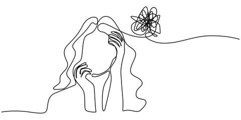 woman with confused feelings worried continuous one line drawing, Continuous line drawings of a young woman feeling sad, tired and worried about mental health depression. problems, failures and broken