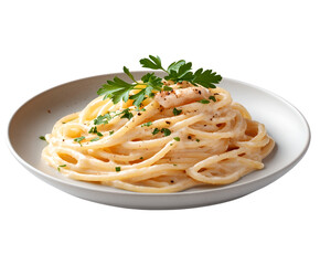 A plate of perfectly cooked spaghetti tossed in a rich creamy carbonara sauce made with eggs cheese and crispy bacon garnished with fresh parsley for a touch of flavor and color