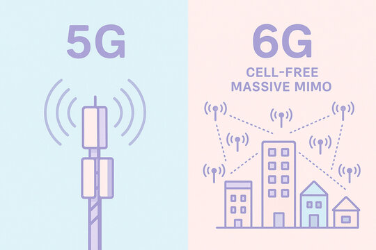 pastel split‑screen of left 5G panel count, right 6G cell‑free massive MIMO cluster, 6G antenna tower