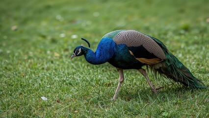 Fototapeta premium Detailed view of an elegant male peacock wandering on vibrant green grass looking for something to eat
