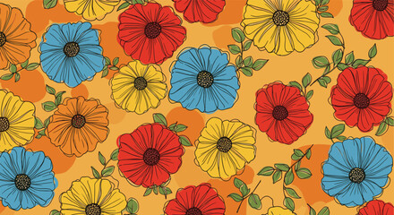 Vibrant retro floral pattern with stylized poppies and abstract shapes on a warm orange background
