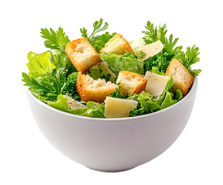 Crisp fresh Caesar salad with a mix of green lettuce leaves crunchy croutons and grated parmesan cheese in a white bowl - Powered by Adobe
