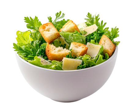 Crisp fresh Caesar salad with a mix of green lettuce leaves crunchy croutons and grated parmesan cheese in a white bowl