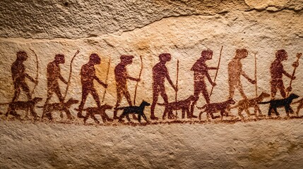 Ancient hunting party with dogs depicted in ochre and brown on stone image
