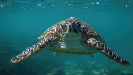 Fototapeta premium Macro image of a tiny turtle gliding through water