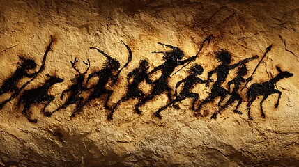 Tribal hunters pursuing prey on ancient rock black cave