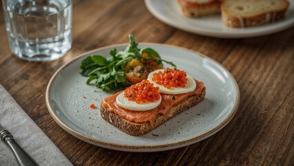 Rustic toast topped with red salmon caviar and mozzarella cheese served with fresh greens on a wooden table in soft focus setting.