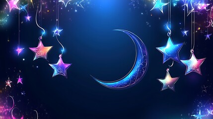 Night sky, glowing stars, crescent moon