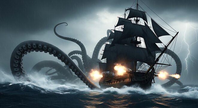 A colossal kraken attacks a sailing ship during a stormy sea, with lightning illuminating the dark sky and the ship firing cannons in defense.