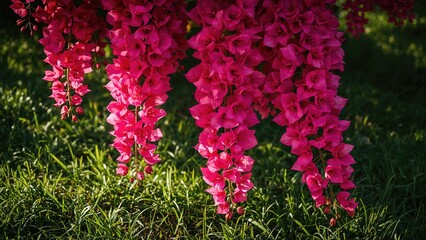 Gorgeous pink Bougainvillea blossoms illuminated by sunlight in a natural setting
