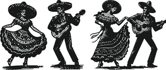  Monochrome lined engraving vector bundle featuring dancing Mexican woman and man with guitar, traditional folk dance illustration, vintage style music celebration art design