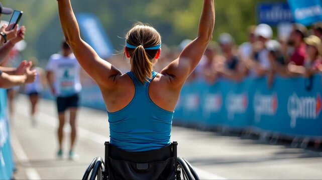 A woman in a wheelchair raises her right arm in a fist pump as she crosses the finish line of a marathon. The background is filled with spectators cheering the winner. Parasports competitions.