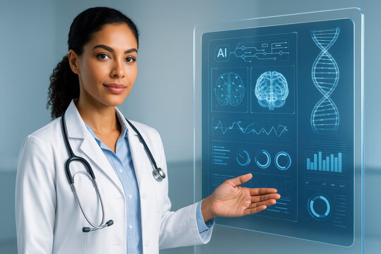 Confident Medical Professional Presenting Medical Data On Futuristic Interface