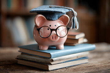 Piggy bank with graduation cap and glasses on stack of books, student loan savings education budget, academic financial literacy, scholarship tuition planning, money saving for college funds