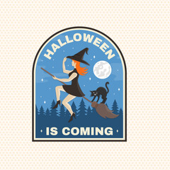 Halloween is coming patch design. Vector illustration. For holiday Halloween design, shirt, logo, badge, decorations, cards, banner with flying witch on a broomstick and cat silhouette.
